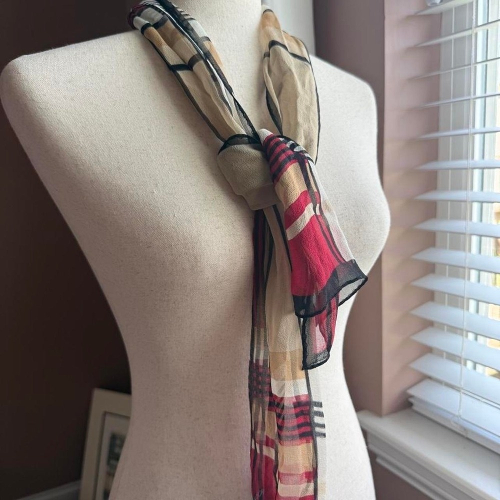 Jones New York red and tan plaid 100% Silk scarf
